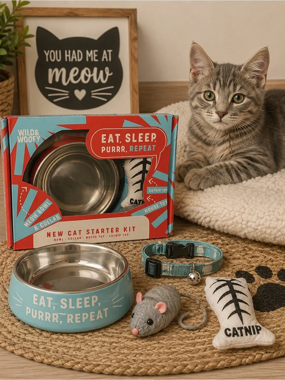 Wild & Woofy New Cat Starter Kit | Bowl, Collar, Mouse & Catnip Toy | Gift Set